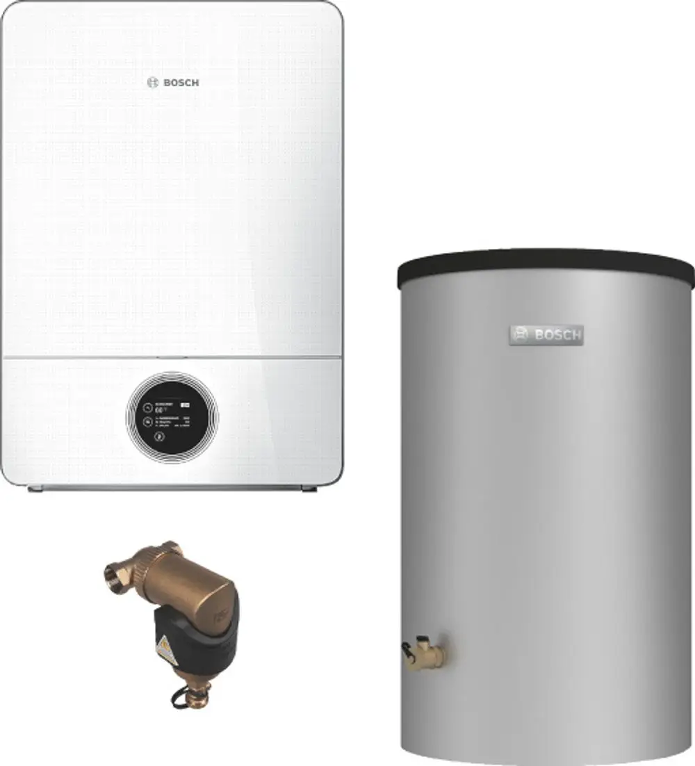 Gas-Brennwertgerät von Bosch mit angeschlossenem Speicher. Gerät in Weiß mit digitalem Display, daneben ein silberner Wassertank und ein Kupferanschluss.